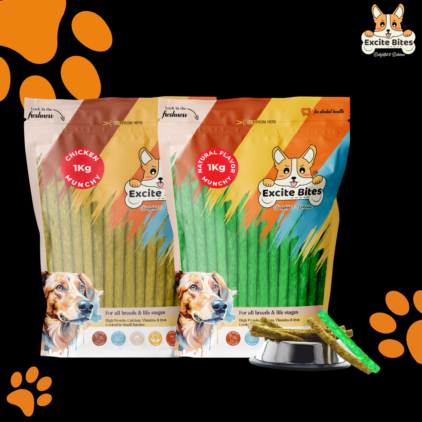Excite Bites Combo Offer - Chicken Munchy Sticks & Natural Munchy Sticks - Dog Chew Sticks, 1000 g (Pack of 2)