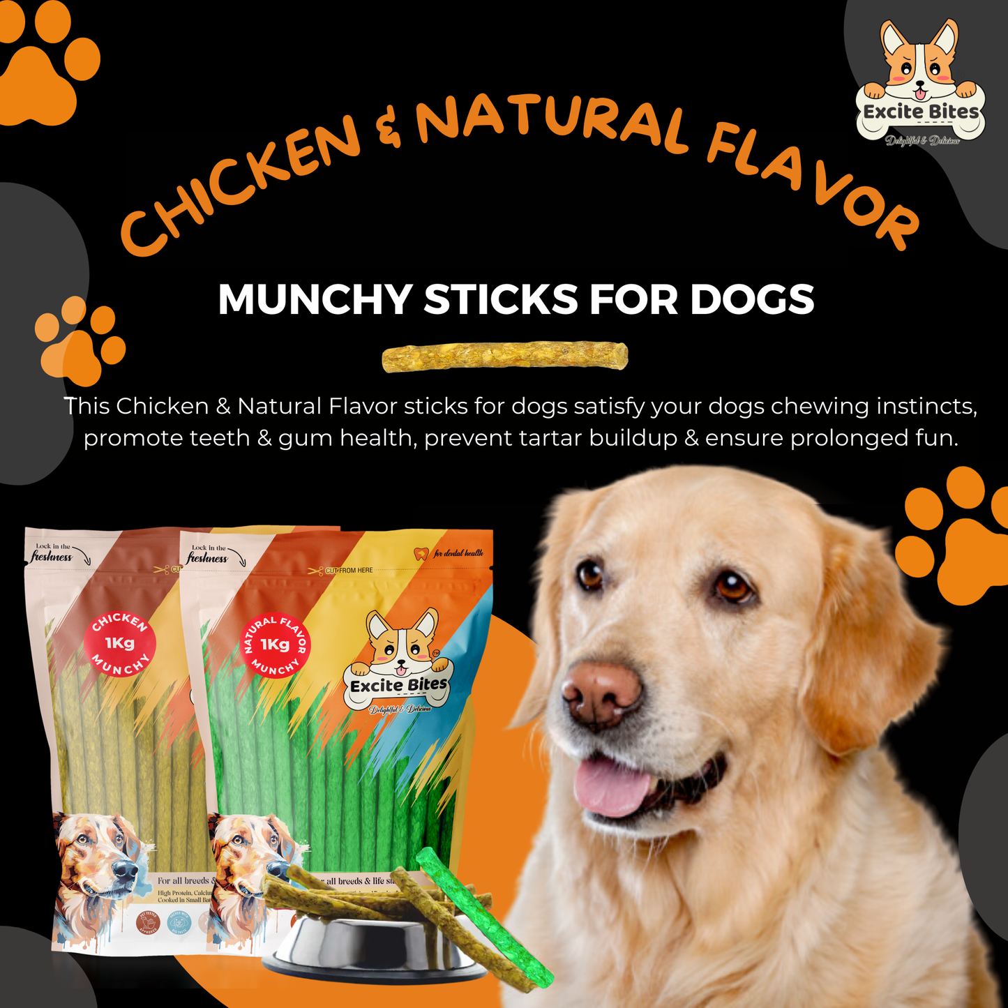 Excite Bites Combo Offer - Chicken Munchy Sticks & Natural Munchy Sticks - Dog Chew Sticks, 1000 g (Pack of 2)