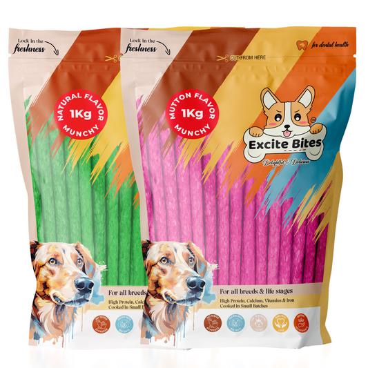 Excite Bites Combo Offer - Mutton Munchy Sticks & Natural Munchy Sticks - Dog Chew Sticks, 1000 g (Pack of 2)