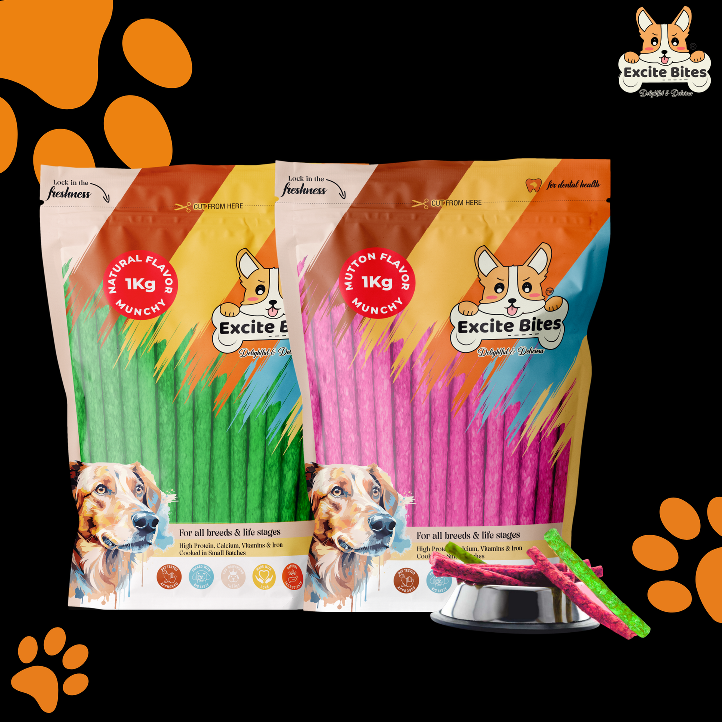 Excite Bites Combo Offer - Mutton Munchy Sticks & Natural Munchy Sticks - Dog Chew Sticks, 1000 g (Pack of 2)