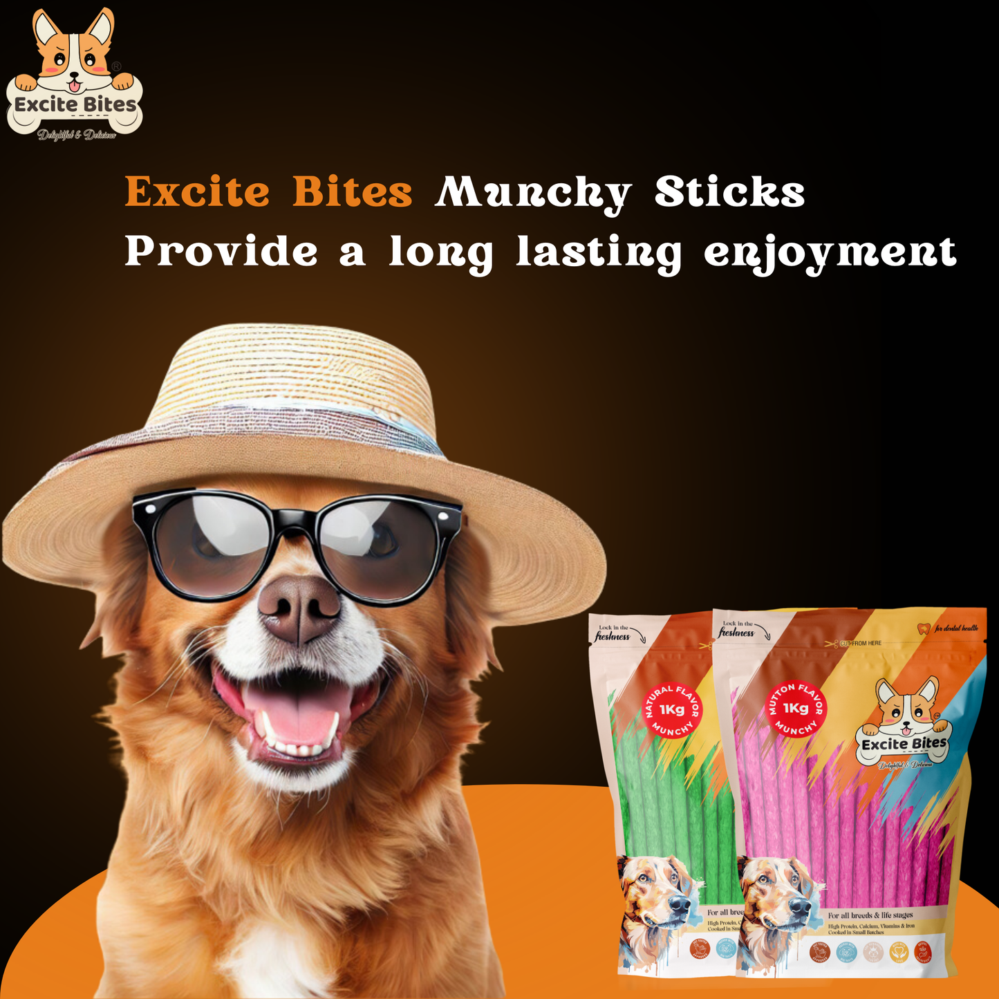 Excite Bites Combo Offer - Mutton Munchy Sticks & Natural Munchy Sticks - Dog Chew Sticks, 1000 g (Pack of 2)
