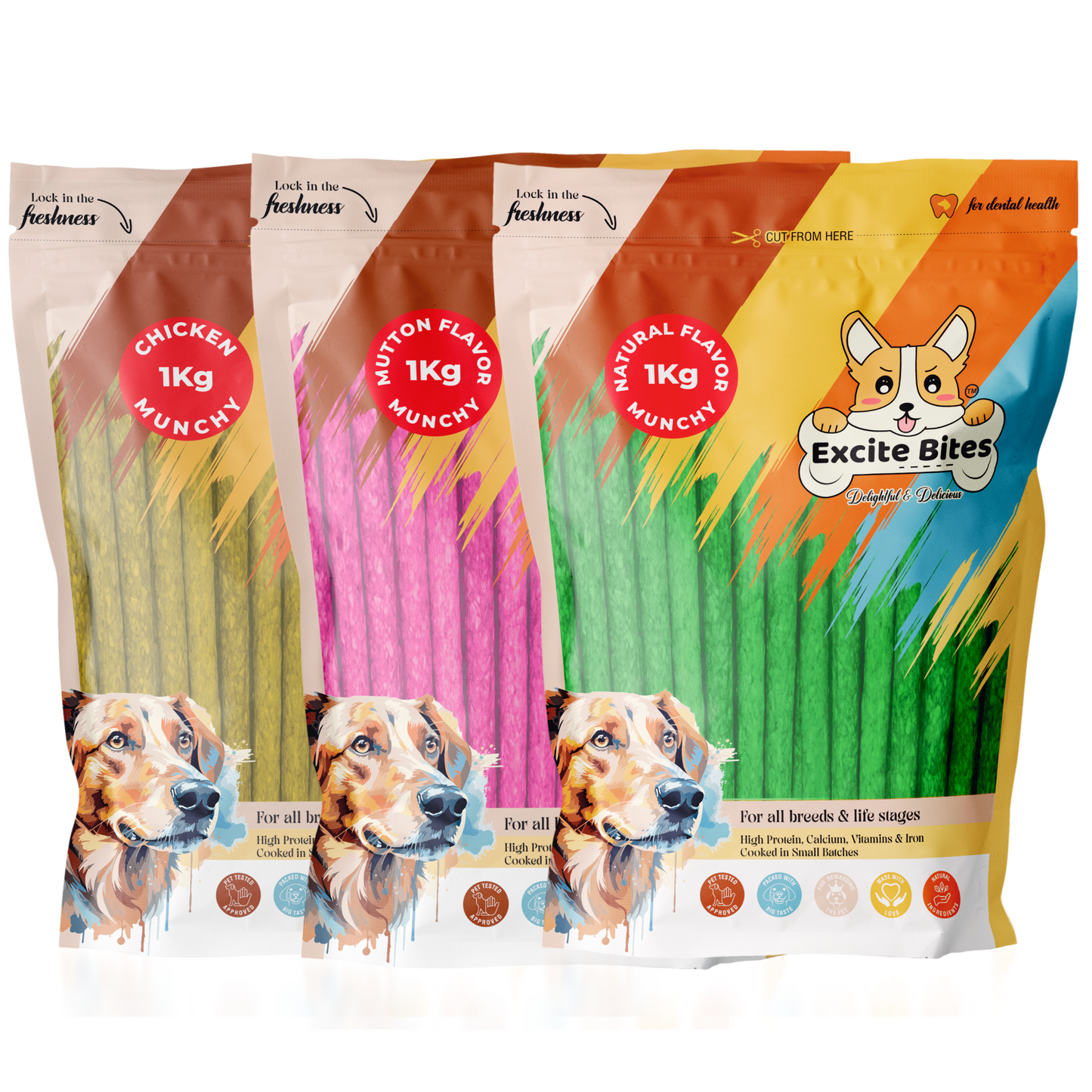 Excite Bites Combo Offer - Chicken Munchy Sticks & Mutton Munchy Sticks & Natural Munchy Sticks - Dog Chew Sticks, 1000 g (Pack of 3)