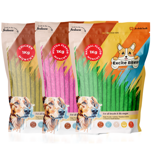 Excite Bites Combo Offer - Chicken Munchy Sticks & Mutton Munchy Sticks & Natural Munchy Sticks - Dog Chew Sticks, 1000 g (Pack of 3)