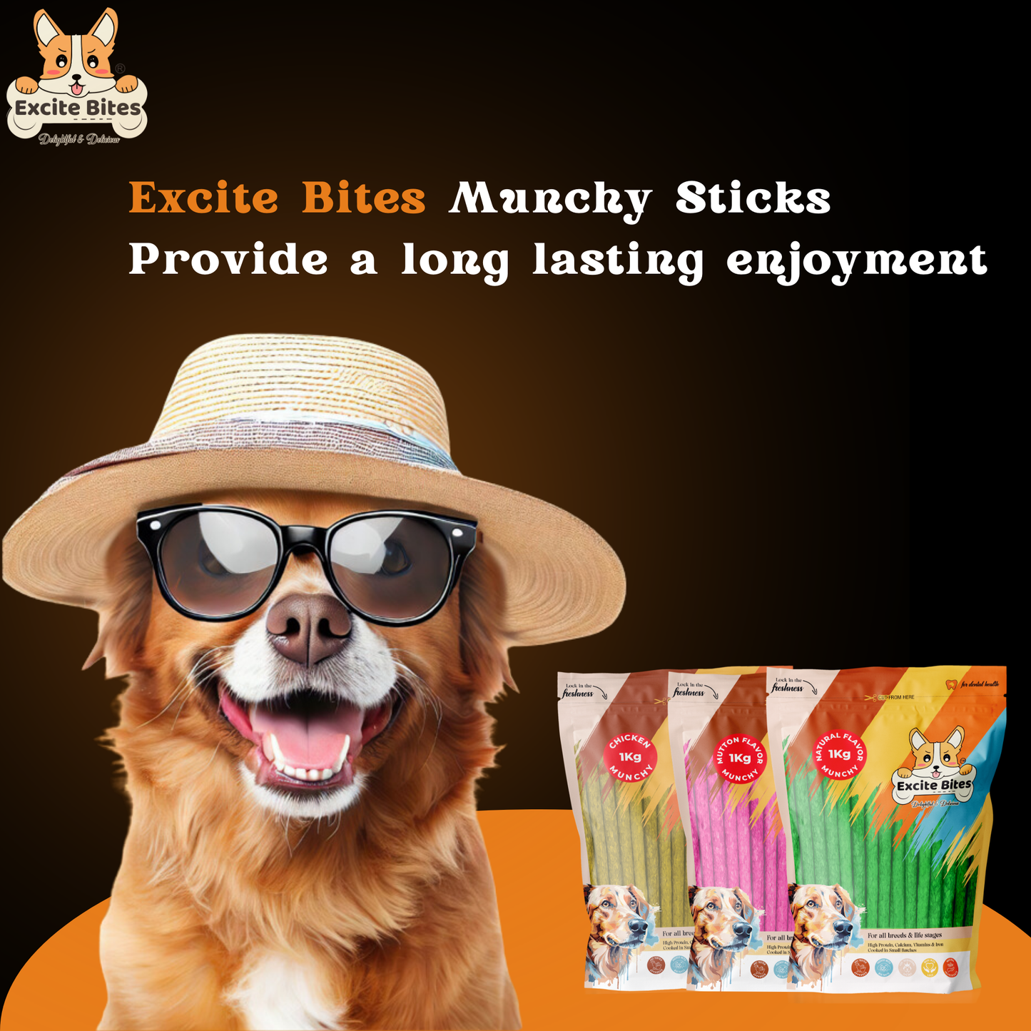 Excite Bites Combo Offer - Chicken Munchy Sticks & Mutton Munchy Sticks & Natural Munchy Sticks - Dog Chew Sticks, 1000 g (Pack of 3)