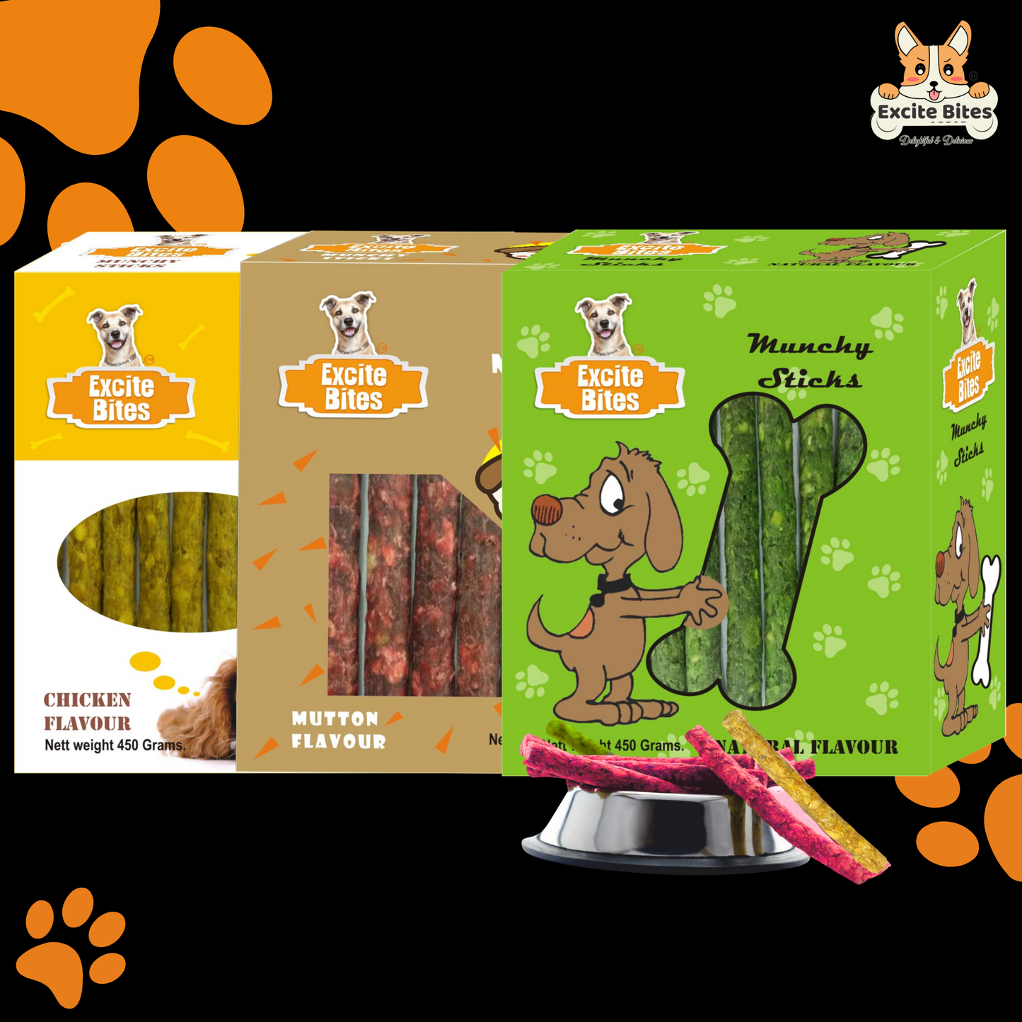 Excite Bites Combo Offer - Chicken Munchy Sticks & Mutton Munchy Sticks & Natural Munchy Sticks - Dog Chew Sticks, 450 g (Pack of 3)