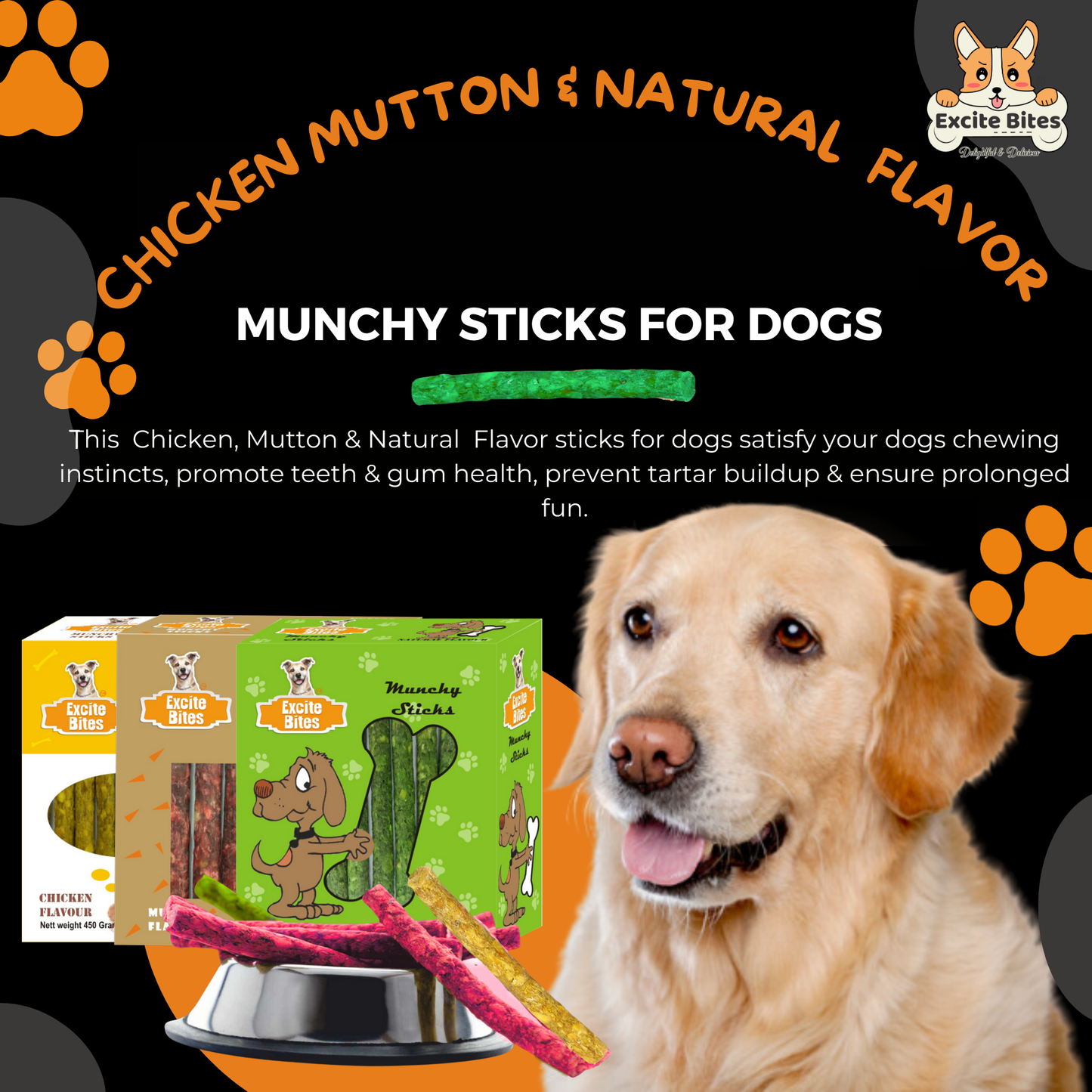 Excite Bites Combo Offer - Chicken Munchy Sticks & Mutton Munchy Sticks & Natural Munchy Sticks - Dog Chew Sticks, 450 g (Pack of 3)