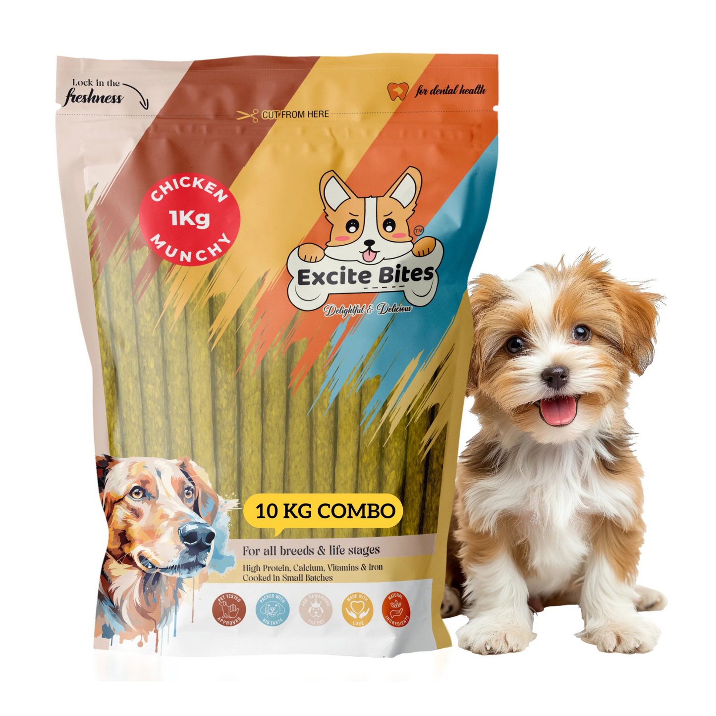 Excite Bites Chicken Flavor Munchy Sticks - 1 kg Dog Chew Sticks (Pack of 10) (10 Kg)